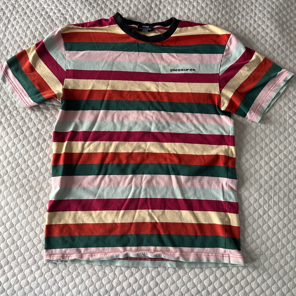 Pleasures Shirt Mens Medium Red Green Striped Streetwear Embroidered Adult